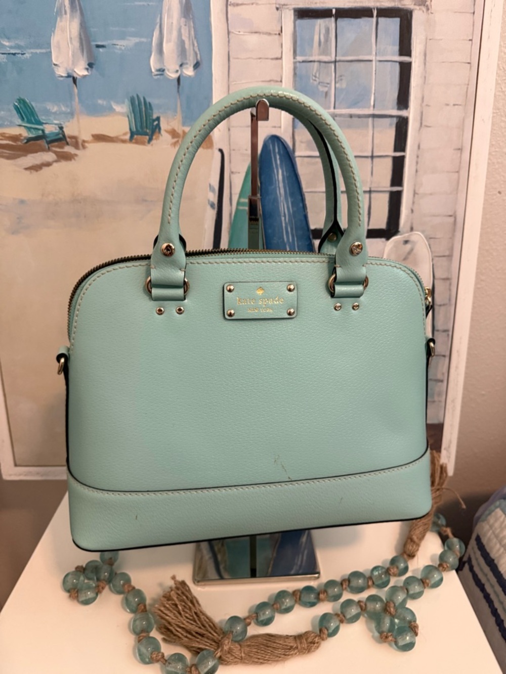 kate spade Mint Green Leather Dome Satchel with silver Hardware
